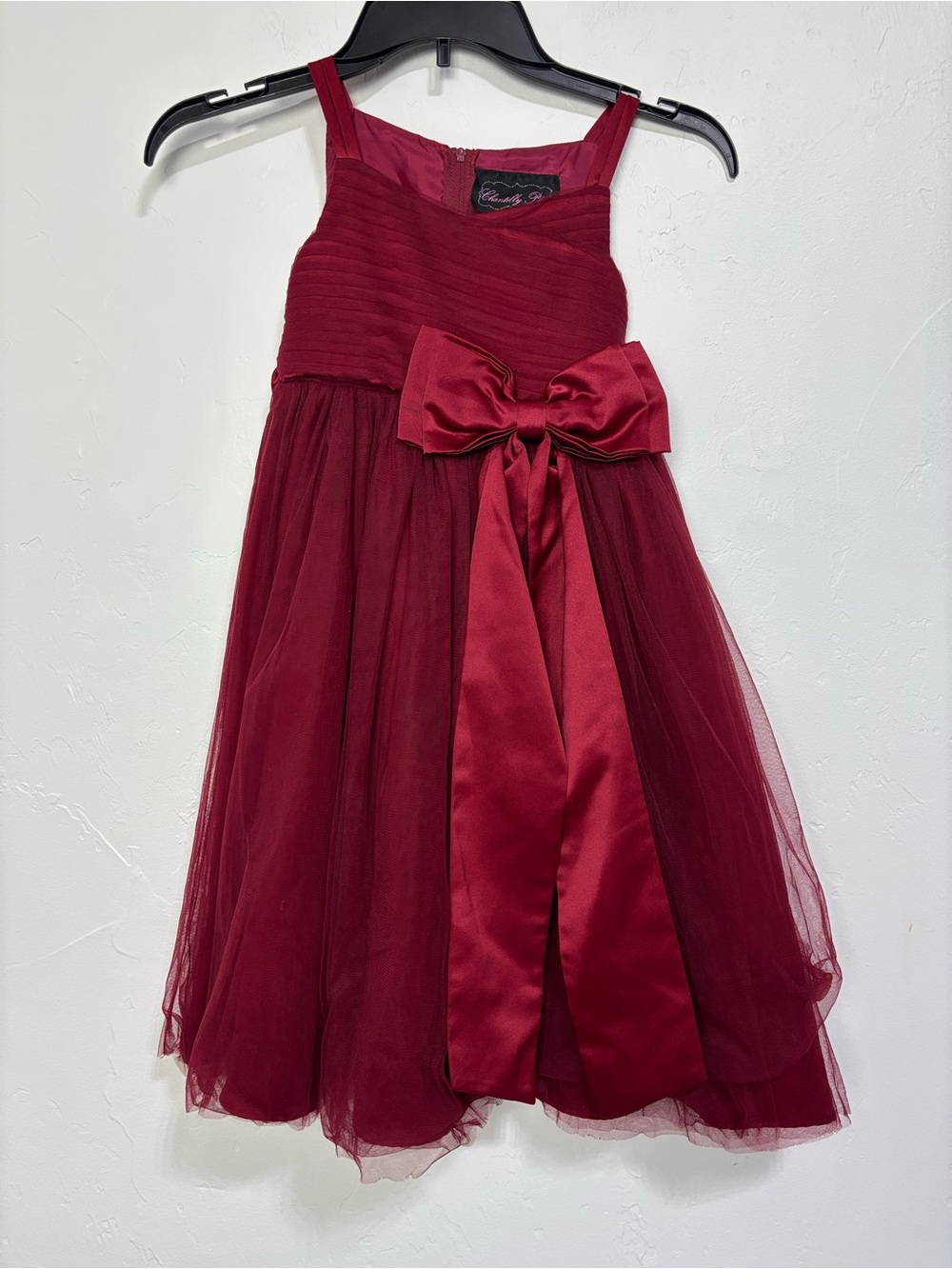 Chantilly Place Girls Size 5 Burgundy Flower Girl Dress Bow Tulle Overlay FLAW